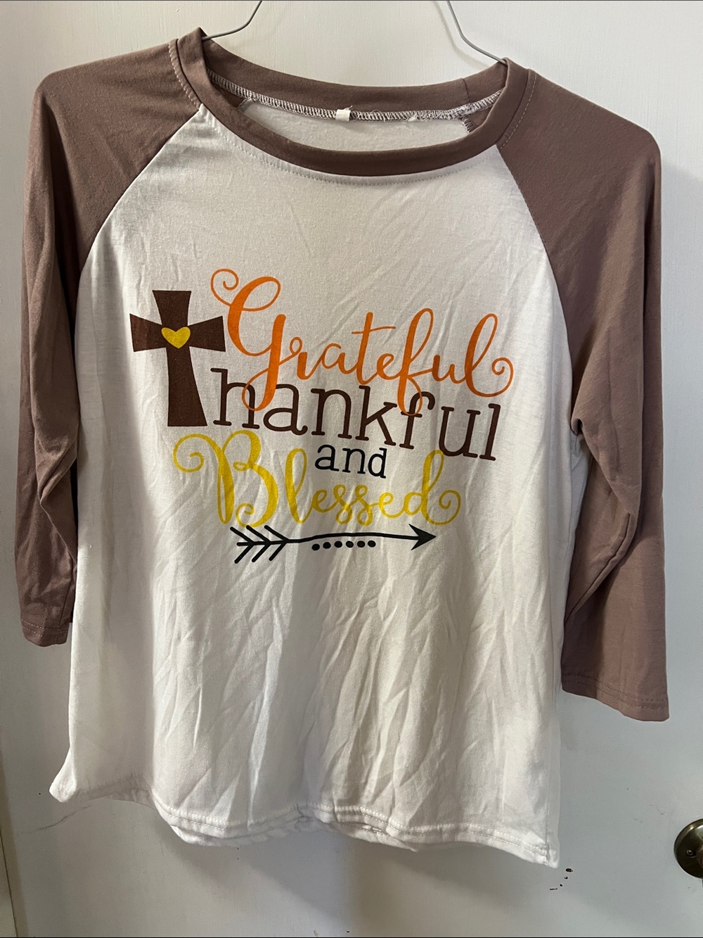 Grateful Thankful and Blessed Raglan Tee - White & Brown